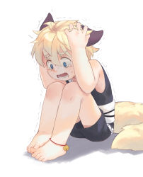 Rule 34 | 1boy, absurdres, animal ears, barefoot, blonde hair, blue eyes, blush, bokustar fox, feet, fox boy, fox ears, fox tail, highres, male focus, open mouth, original, scared, shadow, simple background, solo, tail, trembling, wavy mouth, white background