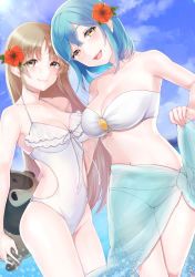 Rule 34 | 2girls, :d, aqua sarong, bandeau, bare legs, bare shoulders, bikini, blush, breasts, brown eyes, brown hair, cleavage, closed mouth, clothes lift, clothing cutout, collarbone, day, dutch angle, female focus, flower, from side, green hair, hair between eyes, hair flower, hair ornament, halterneck, happy, head tilt, hibiscus, highres, large breasts, legs, legs together, lifting own clothes, long hair, looking at viewer, matching hair/eyes, medium breasts, midriff, mizuiro 32, moira (nijisanji), mountainous horizon, multiple girls, navel, neck, nijisanji, ocean, one-piece swimsuit, open mouth, outdoors, parted bangs, red flower, round teeth, sarong, sarong lift, see-through, short hair, side cutout, sister claire, smile, soaking feet, sparkle, standing, strapless, strapless bikini, sun, swimsuit, teeth, thighs, upper teeth only, very long hair, virtual youtuber, wading, white bikini, white one-piece swimsuit, yellow eyes