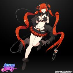 Rule 34 | 1girl, bare legs, black background, black gloves, blush, breasts, chain, cleavage, double bun, gloves, hair bun, large breasts, long hair, looking at viewer, mami (apsaras), masou eishou battlestar, navel, open mouth, original, pointy ears, red eyes, red hair, simple background, skirt, solo, twintails, very long hair