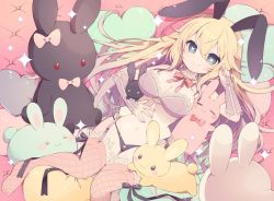 Rule 34 | 1girl, animal ears, aruya (flosrota), bare shoulders, black panties, blonde hair, blue eyes, bow, breasts, cleavage, closed mouth, commission, fishnet thighhighs, fishnets, garter straps, hair between eyes, hand up, heart, heart-shaped pupils, heart-shaped pillow, large breasts, long hair, looking at viewer, lying, navel, on back, original, panties, pillow, pink lips, rabbit ears, red bow, skeb commission, smile, solo, sparkle, stuffed animal, stuffed rabbit, stuffed toy, symbol-shaped pupils, thighhighs, underwear, very long hair