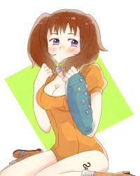 Rule 34 | 10s, 1girl, bad id, bad pixiv id, blush, bodysuit, boots, breasts, brown hair, cleavage, diane (nanatsu no taizai), elbow gloves, fingerless gloves, from side, frown, gloves, high heel boots, high heels, leotard, long hair, looking at viewer, nakamaru (hqqq 119), nanatsu no taizai, nose blush, playing with own hair, puffy short sleeves, puffy sleeves, purple eyes, short hair, short sleeves, short twintails, simple background, single elbow glove, single glove, sitting, solo, tattoo, tears, twintails, wariza