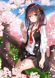 Rule 34 | 1girl, ahoge, blue eyes, blush, braid, breasts, brown hair, brown skirt, cherry blossoms, collarbone, commentary request, day, hair between eyes, hair flaps, hair ornament, hair over shoulder, hair ribbon, hairclip, hasaki (alice ruru), holding, holding petal, kantai collection, long hair, looking at viewer, medium breasts, neckerchief, outdoors, petals, pleated skirt, red neckerchief, ribbon, shadow, shigure (kancolle), shigure kai ni (kancolle), shirt, single braid, skirt, smile, solo, tree, water, white shirt