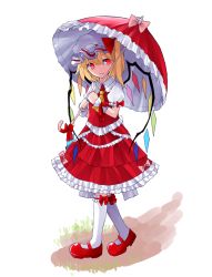 Rule 34 | 1girl, ascot, blonde hair, bow, closed mouth, crystal, dress, embellished costume, flandre scarlet, frilled dress, frills, full body, hat, hat ribbon, holding, holding umbrella, looking at viewer, mary janes, mob cap, parasol, puffy short sleeves, puffy sleeves, red bow, red dress, red eyes, red footwear, red ribbon, ribbon, sakizaki saki-p, shoes, short sleeves, side ponytail, smile, socks, solo, standing, touhou, umbrella, white socks, wings, wrist cuffs