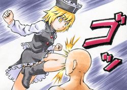 Rule 34 | 1boy, 1girl, bald, blonde hair, boots, faceless, faceless male, hat, in the face, kawachi koorogi, knee strike, kneeing, lunasa prismriver, marker (medium), outstretched arm, short hair, touhou, traditional media, yellow eyes