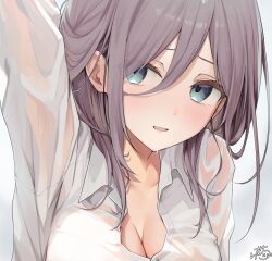 Rule 34 | 1girl, :d, arm up, blue eyes, blush, breasts, brown hair, cleavage, collarbone, collared shirt, commentary request, dress shirt, grey background, hair between eyes, highres, large breasts, long hair, long sleeves, looking to the side, open mouth, original, ramchi, see-through, shirt, sidelocks, signature, simple background, smile, solo, upper body, wet, wet clothes, wet shirt, white shirt