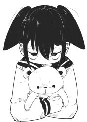 Rule 34 | 1girl, bags under eyes, borrowed character, closed mouth, from above, haguruma hasami (explosion psycho), hair between eyes, highres, holding, holding stuffed toy, jitome, long sleeves, looking at viewer, monochrome, naoyukikuroda, original, outline, pout, sailor collar, school uniform, serafuku, sidelocks, simple background, solo, stuffed animal, stuffed toy, teddy bear, twintails, upper body, white background