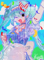 Rule 34 | 1girl, apron, arm up, back bow, black eyes, blue dress, blue hair, blue hat, bow, buttons, confetti, double-breasted, dress, fishtailia, hat, hatsune miku, highres, long hair, mesmerizer (vocaloid), one eye closed, open mouth, puffy short sleeves, puffy sleeves, short sleeves, smile, solo, striped bow, twintails, very long hair, visor cap, vocaloid, waist apron, white apron, white bow, wing collar, wrist cuffs
