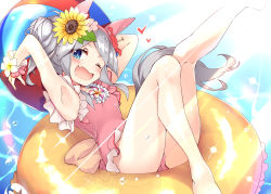 Rule 34 | 1girl, ;d, animal ears, armpits, ball, bare arms, bare legs, bare shoulders, barefoot, beachball, blue eyes, blush, casual one-piece swimsuit, commentary request, fang, feet out of frame, flower, frilled swimsuit, frills, grey hair, hair flower, hair ornament, heart, highres, holding, holding ball, horse ears, horse girl, horse tail, innertube, knee up, leg up, looking at viewer, moeki yuuta, one-piece swimsuit, one eye closed, open mouth, parted bangs, pink one-piece swimsuit, red flower, smile, solo, swim ring, swimsuit, tail, tamamo cross (umamusume), twintails, umamusume, water