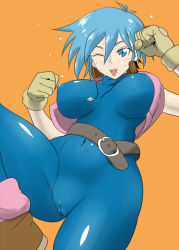 Rule 34 | 1girl, allenby beardsley, arimuraa, belt, blue bodysuit, blue eyes, blue hair, bodysuit, breasts, cameltoe, covered navel, cropped jacket, covered erect nipples, female focus, g gundam, gloves, gundam, jewelry, large breasts, matching hair/eyes, necklace, open mouth, short hair, simple background, skin tight, solo, sweat, wink