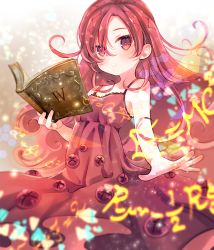 Rule 34 | 1girl, bare arms, bare shoulders, book, commentary request, commission, dress, eyebrows hidden by hair, hair between eyes, hexagon, holding, holding book, kuga tsukasa, long hair, math, open book, original, parted bangs, pixiv commission, red dress, red eyes, red hair, roman numeral, sleeveless, sleeveless dress, solo, sundress, very long hair