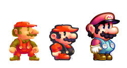 Rule 34 | 1boy, absurdres, black eyes, clenched hands, commentary, english commentary, facial hair, gloves, highres, male focus, mario, mario (series), multiple views, mustache, nintendo, open hand, overalls, parody, style parody, super mario bros. 1, super mario bros. 3, super mario world, torkirby, white background, white gloves