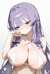 1girl bare_shoulders bikini blush bow breasts cleavage closed_mouth collarbone commentary criss-cross_halter hair_bow halterneck hand_on_own_face highres huge_breasts long_hair overlord_(overlord80000) patchouli_knowledge pink_eyes purple_bow purple_hair signature solo sweat swimsuit touhou white_background white_bikini