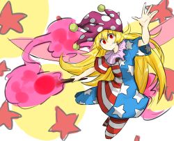 Rule 34 | 1girl, american flag dress, american flag legwear, bad id, bad pixiv id, blonde hair, clownpiece, hat, jester cap, kankan33333, long hair, neck ruff, open hands, pantyhose, red eyes, solo, striped clothes, striped legwear, striped pantyhose, torch, touhou