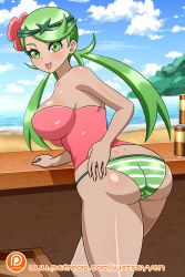 Rule 34 | 1girl, :p, ass, bikini, bikini bottom only, breasts, butt crack, creatures (company), dark-skinned female, dark skin, dimples of venus, female focus, flower, from behind, game freak, green eyes, green hair, hair flower, hair ornament, highres, looking at viewer, looking back, low twintails, mallow (pokemon), nintendo, nipples, no bra, outdoors, pokemon, pokemon sm, smile, solo, swimsuit, tongue, tongue out, twintails, yensh