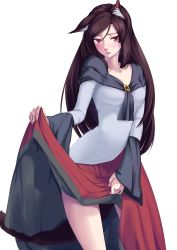 Rule 34 | 1girl, animal ears, brooch, brown hair, clothes lift, cowboy shot, fingernails, highres, imaizumi kagerou, jewelry, long hair, long sleeves, looking at viewer, red eyes, sharp fingernails, simple background, skirt, skirt lift, solo, tail, tenamaru, touhou, white background, wolf ears, wolf tail