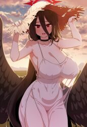 Rule 34 | 1girl, black choker, black wings, blue archive, blush, breasts, brown hat, choker, cleavage, cloud, dress, evening, hair between eyes, halo, hasumi (blue archive), hat, highres, large breasts, long hair, looking at viewer, mole, mole under eye, outdoors, red eyes, red halo, shisum, sky, sleeveless, sleeveless dress, solo, straw hat, thighs, white dress, wings