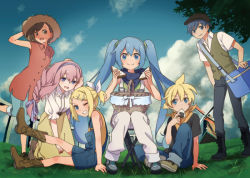 Rule 34 | 2boys, 4girls, alternate costume, alternate hairstyle, bandana, blonde hair, blue eyes, blue hair, boots, bow, braid, brown hair, cabbie hat, chair, cloud, cooler, cowboy boots, denim, eating, fence, food, grass, hair bow, hair ornament, hair ribbon, hairband, hairclip, hand on own head, hat, hatsune miku, hechima (issindotai), jeans, kagamine len, kagamine rin, kaito (vocaloid), long hair, looking at viewer, megurine luka, meiko (vocaloid), multiple boys, multiple girls, onigiri, open mouth, overalls, pants, picnic, picnic basket, pink hair, purple eyes, red shirt, ribbon, sandwich, shirt, short hair, short ponytail, single braid, sitting, skirt, sky, smile, standing, standing on one leg, straw hat, tank top, tree, twintails, vest, vocaloid, windmill