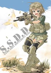 Rule 34 | 1girl, aircraft, airplane, ammunition pouch, assault rifle, bad id, bad pixiv id, bandaid, boots, casing ejection, dakku (ogitsune), fingerless gloves, firing, fn scar, gloves, goggles, goggles on head, gun, holstered, knife sheath, load bearing vest, military, military operator, military uniform, muzzle flash, open mouth, pouch, rifle, scope, sheath, shell casing, short hair, solo, trigger discipline, uniform, weapon