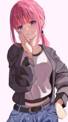 Rule 34 | 1girl, absurdres, alternate costume, belt, belt buckle, black belt, black jacket, blunt bangs, buckle, casual, commentary, denim, go-toubun no hanayome, grin, hand on own cheek, hand on own face, hand on own hip, highres, jacket, jeans, looking at viewer, low ponytail, medium hair, midriff, nail polish, nakano nino, open clothes, open jacket, pants, parted lips, pink hair, raikun raikun, shirt, simple background, smile, solo, white shirt
