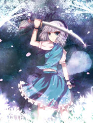 Rule 34 | 1girl, arm up, black hairband, blue skirt, cherry blossoms, frilled skirt, frills, green eyes, hairband, holding, holding sword, holding weapon, konpaku youmu, looking at viewer, looking back, non (nobu), saber (weapon), short hair, short sleeves, silver hair, skirt, solo, standing, sword, touhou, weapon