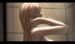 Rule 34 | 1girl, blonde hair, breasts, chinese commentary, closed eyes, commentary, commentary request, girls&#039; frontline, hand on own neck, highres, indoors, large breasts, long hair, mixed-language commentary, ots-14 (girls&#039; frontline), partial commentary, selcky, shower (place), showering, solo, standing, tile wall, tiles, wet