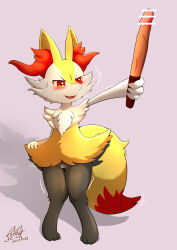 Rule 34 | 1girl, animal ear fluff, animal ears, animal feet, animal nose, arm up, artist name, bar censor, black fur, blush, body fur, braixen, censored, cleft of venus, creatures (company), dated, dildo, fangs, feith-zr, female focus, flat chest, fox ears, fox girl, fox tail, full body, furry, furry female, game freak, gen 6 pokemon, happy, highres, holding, holding sex toy, knees together feet apart, legs, looking up, multicolored fur, nintendo, open mouth, outstretched arm, pigeon-toed, pokemon, pokemon (creature), purple background, pussy, red eyes, sex toy, signature, simple background, smile, snout, solo, standing, sweat, tail, thighs, trembling, white fur, yellow fur