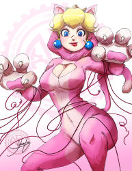 Rule 34 | 1girl, :p, animal costume, animal ears, animal hands, blonde hair, blue eyes, breasts, cat ears, cat peach, claws, cleavage, cleavage cutout, clothing cutout, crown, earrings, jay phenrix, jewelry, large breasts, mario (series), nintendo, princess peach, solo, super mario 3d world, tongue, tongue out, yarn