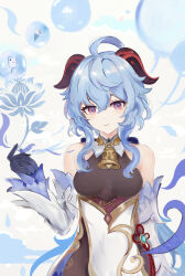 Rule 34 | 1girl, absurdres, ahoge, bare shoulders, black gloves, blue hair, bodystocking, breasts, cat23, commentary request, detached sleeves, ganyu (genshin impact), genshin impact, gloves, high-waist skirt, highres, horns, long hair, long sleeves, looking at viewer, purple eyes, skirt, small breasts, solo, upper body, very long hair, white skirt