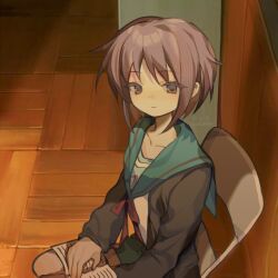 Rule 34 | 1girl, black jacket, book on lap, brown eyes, chair, collarbone, commentary, expressionless, feet out of frame, folding chair, from above, highres, indoors, jacket, light brown hair, long sleeves, looking at viewer, nagato yuki, neckerchief, no eyewear, on chair, red neckerchief, sailor collar, school uniform, serafuku, shixiaoqina, short hair, signature, sitting, solo, suzumiya haruhi no yuuutsu, symbol-only commentary, wooden floor