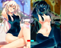 Rule 34 | 1girl, arm up, armpits, bare shoulders, barefoot, beach, blonde hair, blurry, breasts, day, depth of field, green eyes, hair censor, hair over breasts, hand on own knee, inverted colors, large breasts, looking at viewer, one-piece swimsuit, open mouth, original, outdoors, ryouma (galley), smile, solo, swimsuit, two side up
