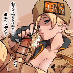 1boy 1girl annoyed artist_name bar_censor beecon_(bee_niji) black_gloves black_shirt blonde_hair blue_eyes breasts brown_background brown_coat brown_headwear censored cleavage coat collarbone expressionless eyebrows eyelashes femdom fingerless_gloves fingernails gloves guilty_gear guilty_gear_strive hat hetero japanese_text large_breasts lips long_fingernails long_hair long_sleeves looking_at_penis looking_down millia_rage open_clothes open_coat open_shirt orange_shirt parted_lips penis portrait precum prostate prostate_milking restrained shaded_face shirt simple_background solo_focus teeth testicles translation_request two-tone_shirt urethral_insertion veins veiny_penis x-ray