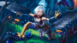 Rule 34 | 1girl, absurdres, animal, animal hands, bare shoulders, bird legs, bird tail, blush, breasts, claws, dagger, digitigrade, exillust, eye trail, fern, fighting, forest, grey feathers, hair between eyes, harpy, highres, indie virtual youtuber, jewelry, knife, leather skirt, light trail, medium hair, midriff, monster girl, mushroom, nature, necklace, pelvic curtain, pouch, sheath, sheathed, small breasts, snake, solo, tail, talons, thigh pouch, tongue, tongue out, valk (devalk), virtual youtuber, weapon, winged arms, wings, yellow eyes