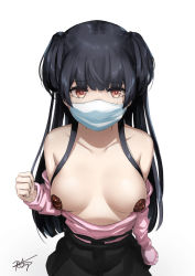 Rule 34 | 1girl, arm at side, bare shoulders, black hair, black skirt, blush, breasts, breasts apart, breasts out, chaciooh, clothes pull, collarbone, covered mouth, highres, idolmaster, idolmaster shiny colors, long hair, long sleeves, looking at viewer, mask, mayuzumi fuyuko, medium breasts, mouth mask, no bra, open clothes, open shirt, pasties, pink shirt, red eyes, shirt, shirt pull, signature, simple background, skirt, solo, straight hair, surgical mask, two side up, white background