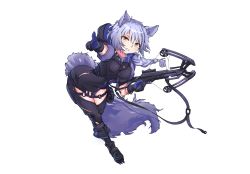 Rule 34 | 1girl, absurdres, animal ears, arknights, black footwear, boots, bow (weapon), braid, breasts, commentary, crossbow, drop shadow, gloves, hair between eyes, highres, holding, holding bow (weapon), holding crossbow, holding weapon, large breasts, long hair, medium breasts, miyu (miyumausi), pointing, provence (arknights), purple hair, simple background, single braid, solo, tail, thighs, trigger discipline, weapon, white background, wolf ears, wolf tail, yellow eyes