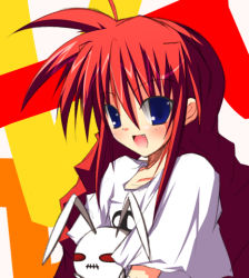 Rule 34 | 00s, 1girl, :d, ahoge, albino, animal, blush, contemporary, looking at viewer, lowres, lyrical nanoha, mahou shoujo lyrical nanoha, mahou shoujo lyrical nanoha a&#039;s, open mouth, rabbit, red eyes, red hair, shirt, skull print, smile, solo, upper body, vita (nanoha), white shirt