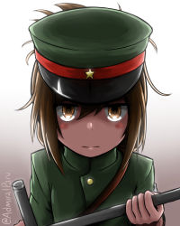 Rule 34 | 1girl, admiral paru, alternate costume, brown eyes, brown hair, commentary, english commentary, folded ponytail, gradient background, grey background, hat, highres, inazuma (kancolle), kantai collection, long hair, looking at viewer, military, military uniform, peaked cap, plasma-chan (kancolle), solo, teeth, twitter username, uniform, upper teeth only, weapon, weapon request, white background