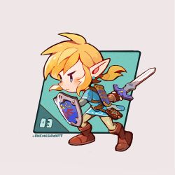 Rule 34 | 1boy, artist name, belt, blonde hair, blue eyes, blue tunic, boots, brown belt, brown footwear, brown gloves, brown pants, chibi, closed mouth, commentary, earrings, english commentary, full body, gloves, grey background, holding, holding shield, holding sword, holding weapon, hylian shield, jewelry, link, long hair, lowres, male focus, nintendo, onemegawatt, pants, pointy ears, ponytail, shield, sidelocks, simple background, solo, standing, sword, the legend of zelda, the legend of zelda: breath of the wild, weapon