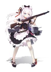 Rule 34 | 1girl, absurdres, ammunition belt, animal ears, apron, azur lane, bandolier, bare shoulders, blue eyes, bow, cat ears, choker, clip (weapon), commentary request, detached sleeves, dress, frilled dress, frills, full body, gun, hair bow, hair ornament, hair ribbon, hammann (azur lane), highres, holding, holding weapon, legs apart, looking away, m1 garand, pantyhose, pigeon-toed, ribbon, rifle, rigging, shadow, short sleeves, sidelocks, standing, weapon, white hair, white pantyhose, wrist cuffs