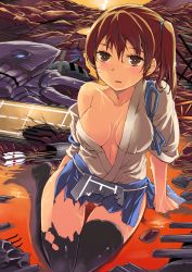 Rule 34 | 10s, 1girl, absurdres, ayuya naka no hito, blush, breasts, brown eyes, brown hair, commentary request, highres, japanese clothes, kaga (kancolle), kantai collection, long hair, medium breasts, no bra, quiver, side ponytail, solo, torn clothes