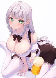 Rule 34 | 1girl, beer mug, black bow, black bowtie, blush, bow, bowtie, breasts, cleavage, closed mouth, cup, detached collar, dirndl, flower, german clothes, green eyes, hair flower, hair ornament, highres, holding, holding cup, hololive, large breasts, long hair, looking at viewer, mug, no shoes, official alternate costume, oktoberfest, shirogane noel, shirogane noel (dirndl), silver hair, simple background, sitting, smile, solo, taracomax, thighhighs, virtual youtuber, wariza, white background, white thighhighs, wing collar