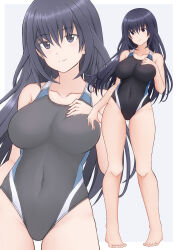 Rule 34 | 1girl, absurdres, agatsuma kei, alice gear aegis, black eyes, black hair, black one-piece swimsuit, breasts, collarbone, competition swimsuit, covered navel, cowboy shot, full body, hand on own chest, highres, large breasts, long hair, multiple views, one-piece swimsuit, simple background, standing, swimsuit, tubamesaapoo, white background, zoom layer