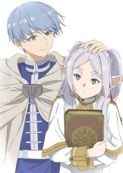 Rule 34 | 1boy, 1girl, blue eyes, blue hair, book, cape, capelet, cloak, closed mouth, dress, earrings, elf, frieren, green eyes, grey hair, hand on another&#039;s head, headpat, himmel (sousou no frieren), holding, holding book, jewelry, oninome tsuki, pointy ears, smile, sousou no frieren, white cape, white capelet, white dress