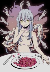 Rule 34 | 10s, 1other, androgynous, blood, blue hair, body horror, completely nude, eating, finger to mouth, flower, fork, guro, hair between eyes, highres, knife, licking, licking finger, long hair, looking at viewer, mado cat02, nude, plate, rimuru tempest, sitting, solo focus, table, tensei shitara slime datta ken, yellow eyes