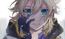 Rule 34 | 1boy, absurdres, albedo (genshin impact), blonde hair, blue eyes, close-up, genshin impact, gloves, hair between eyes, hands on own face, highres, male focus, nakura hakuto, open mouth, solo, tearing up, tears