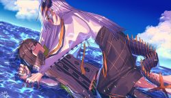 Rule 34 | 2girls, all fours, arknights, black skirt, blue sky, brown coat, brown hair, buttons, cloud, coat, commentary request, day, dragon horns, dragon tail, dutch angle, eye contact, feather hair, girl on top, glasses, high-waist skirt, highres, horizon, horns, kawaii inu5, long hair, long sleeves, looking at another, lying, medium hair, multiple girls, nail polish, ocean, on back, orange eyes, orange nails, outdoors, parted lips, pinned, saria (arknights), shirt, silence (arknights), silver hair, skirt, sky, tail, white shirt