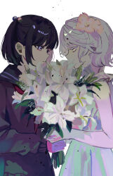 Rule 34 | 2girls, absurdres, amemori sayo, black hair, black serafuku, black sweater, bouquet, closed mouth, colored eyelashes, commentary request, dress, expressionless, face-to-face, flower, from side, hair flower, hair ornament, half-closed eyes, highres, holding, holding bouquet, kitou saji, kudou chitose, long sleeves, looking at another, multiple girls, neckerchief, nijisanji, one side up, pink flower, profile, purple eyes, red neckerchief, school uniform, serafuku, short hair, simple background, sleeveless, sleeveless dress, sweater, thick eyelashes, upper body, virtual youtuber, white background, white dress, white hair, white lily
