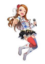 Rule 34 | 1girl, ;d, bad id, bad pixiv id, boots, brown eyes, brown hair, hairband, idolmaster, idolmaster (classic), idolmaster movie, long hair, microphone, minase iori, one eye closed, open mouth, pandinus, red eyes, simple background, smile, solo
