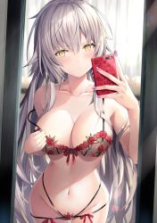 Rule 34 | 1girl, blush, bra, breasts, cellphone, cleavage, closed mouth, collarbone, fate/grand order, fate (series), female pov, floral print, grey bra, grey panties, highres, jeanne d&#039;arc (fate), jeanne d&#039;arc alter (avenger) (fate), jeanne d&#039;arc alter (fate), large breasts, lingerie, long hair, looking at viewer, mirror, multi-strapped panties, navel, panties, phone, pov, reflection, rin yuu, selfie, silver hair, solo, strap slip, underwear, very long hair, yellow eyes