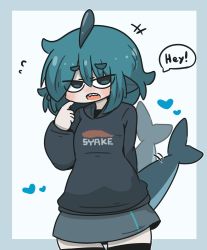 Rule 34 | +++, 1girl, afterimage, black hoodie, black thighhighs, blue eyes, blue hair, blush, clothes writing, commentary request, fins, fish tail, flying sweatdrops, fuka-chan, grey background, grey skirt, hair between eyes, hand up, heart, highres, hood, hood down, hoodie, long sleeves, open mouth, original, puffy long sleeves, puffy sleeves, shark tail, sharp teeth, short eyebrows, skirt, sleeves past wrists, solo, speed lines, tail, tail wagging, teeth, thick eyebrows, thighhighs, two-tone background, uni souchou, white background