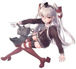 Rule 34 | 10s, 1girl, amatsukaze (kancolle), brown eyes, dress, garter straps, gloves, hair tubes, kantai collection, long hair, sailor dress, silver hair, striped clothes, striped thighhighs, thighhighs, twintails, two side up, u jie, zettai ryouiki